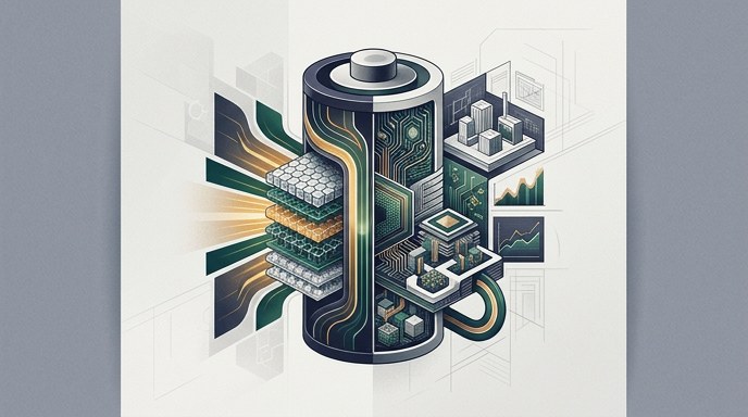 Ilustración conceptual de una batería con capas de ánodo de silicio y circuitos integrados, representando la tecnología de Lenovo.