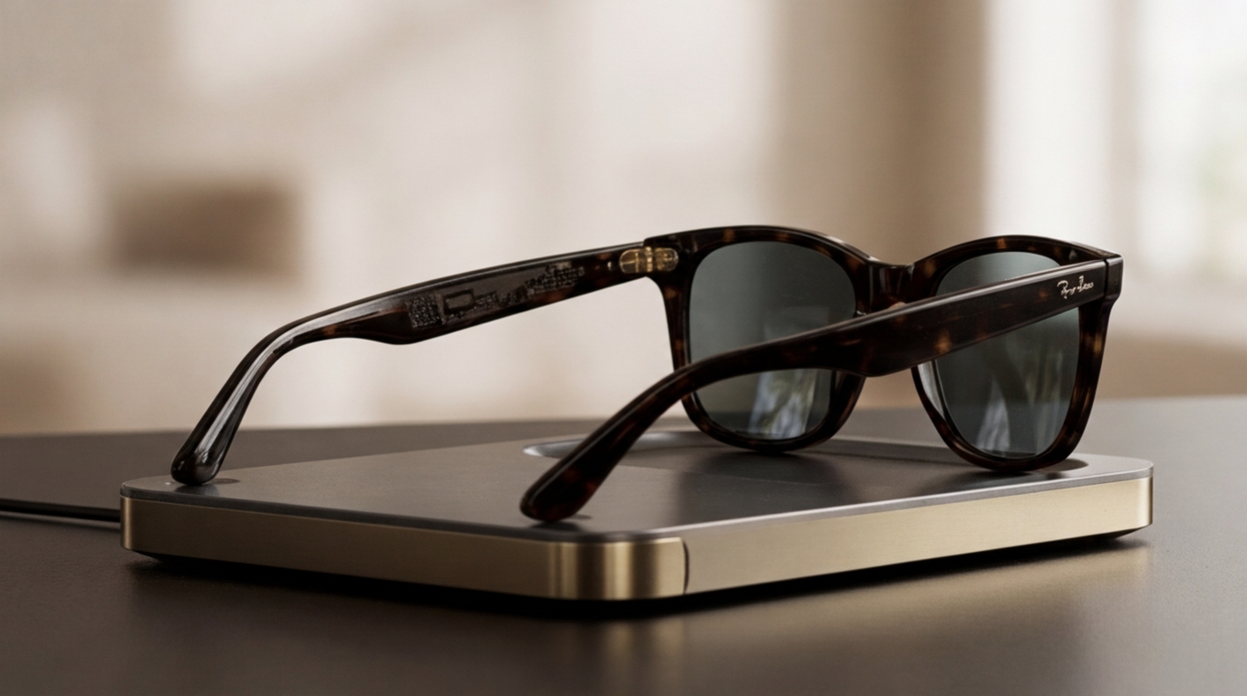 Gafas de sol inteligentes con montura de carey sobre una base de carga inalámbrica de metal cepillado.