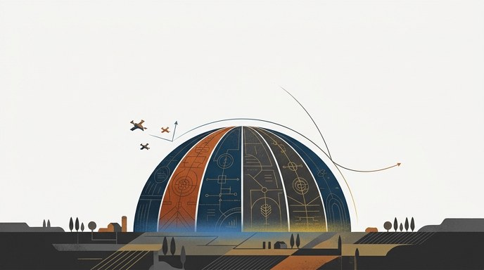 Ilustración de una cúpula de defensa aérea estilizada que protege un paisaje simbólico de amenazas, sin texto.