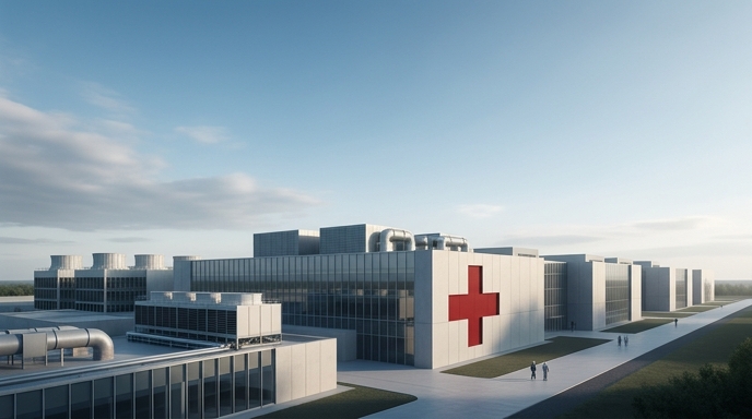 Un centro de datos moderno con una gran cruz roja en la fachada, simbolizando la protección humanitaria para la infraestructura civil.
