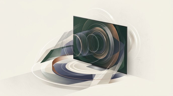 Ilustración editorial de un televisor ultra fino emitiendo envolventes formas geométricas y de luz, simbolizando el sonido 3D Eclipsa.