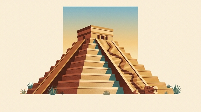 Ilustración minimalista de la Pirámide de Kukulcán mostrando la sombra de la serpiente durante el equinoccio.