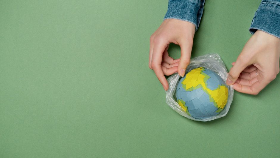 Manos envolviendo un globo en miniatura con plástico contra un fondo verde, destacando la conciencia ambiental.