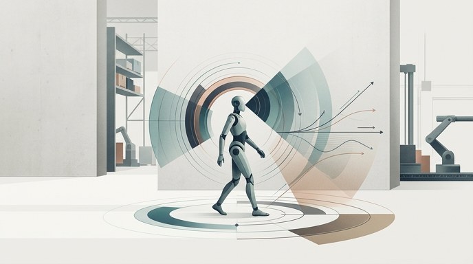 Robot humanoide en un entorno de fábrica con visualizaciones de datos de sensores para la navegación y la percepción.