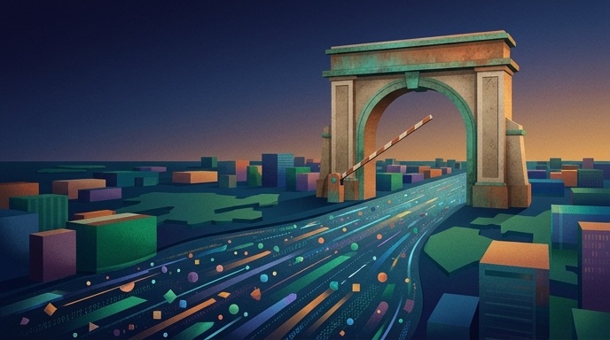 Ilustración de datos digitales fluyendo libremente bajo un arco de aduanas abierto en un paisaje abstracto.