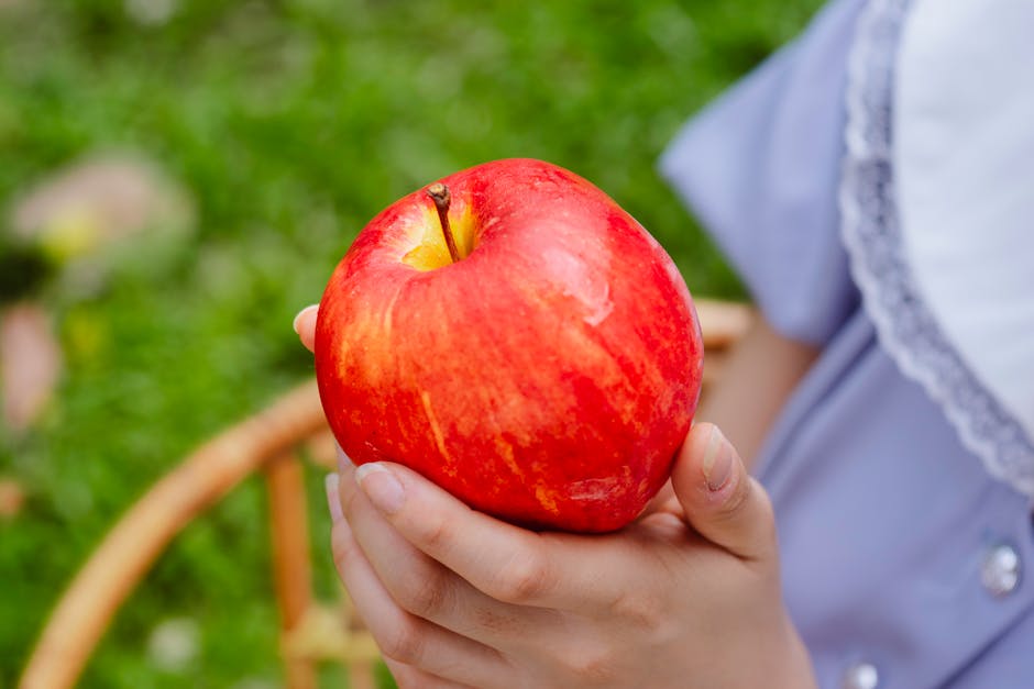 Primer plano de la mano de un niño sosteniendo una manzana roja sobre un fondo de hierba verde.
