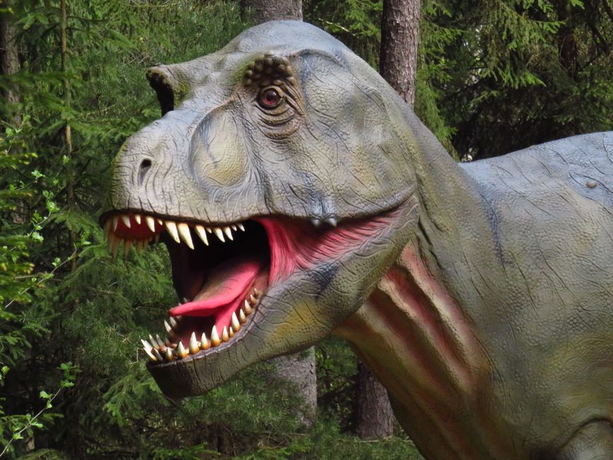 Primer plano de una estatua de dinosaurio en un parque forestal, mostrando sus dientes y características realistas.