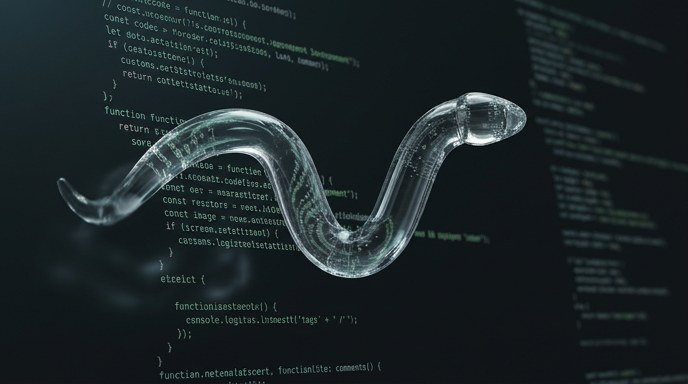 Un gusano de cristal transparente flota sobre líneas de código de programación en una pantalla oscura.