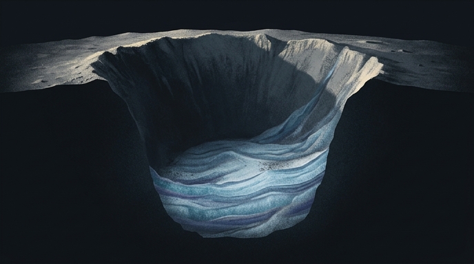 Ilustración de un cráter lunar en sección, revelando capas onduladas de hielo atrapado en la oscuridad profunda.