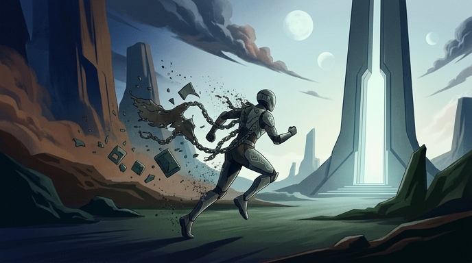 Un corredor blindado se libera de cadenas y equipo viejo en un vasto paisaje alienígena hacia un portal lejano.