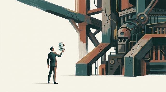 Un ejecutivo examina una pequeña cabeza de robot flotante frente a una inmensa estructura industrial en ruinas.