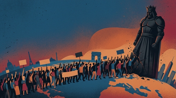 Protesta global contra el autoritarismo y la guerra, mostrando una multitud derribando una estatua de un monarca.