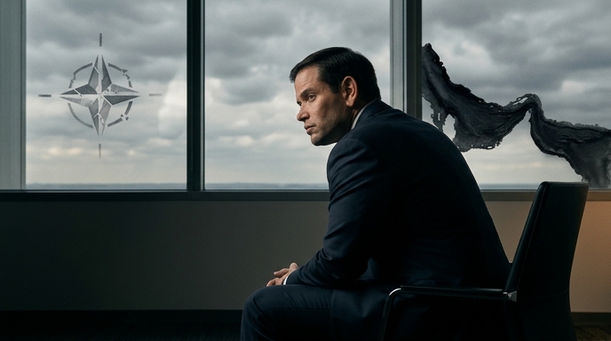 Marco Rubio, pensativo en una oficina con ventanas que muestran el logo de la OTAN y una silueta geográfica de Irán con una mancha negra.