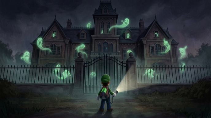 Luigi con linterna frente a mansión embrujada con fantasmas verdes.