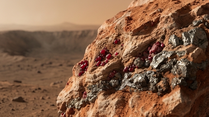 ** Una roca marciana de cerca que muestra incrustaciones de pequeños rubíes rojos brillantes y depósitos metálicos de níquel.