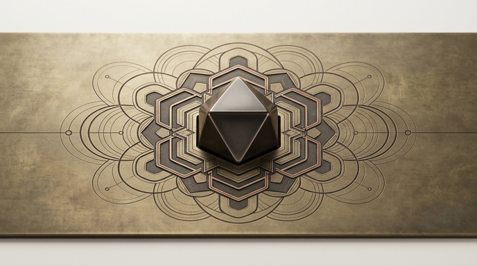 Escultura geométrica de metal pulido encajando en un patrón grabado sobre una placa de latón antigua.