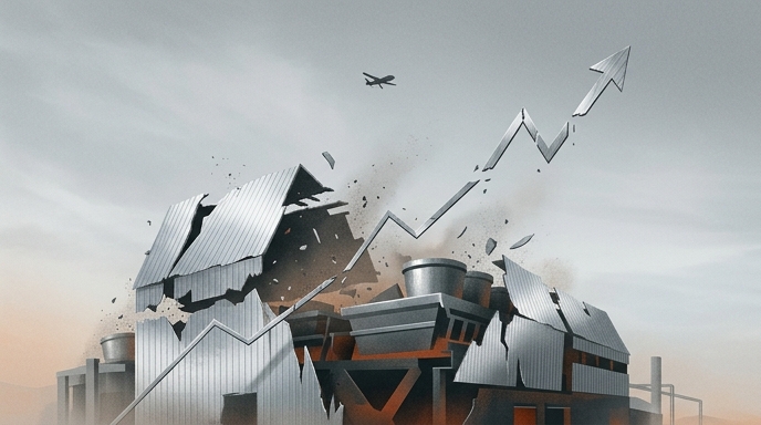 Ilustración editorial que muestra una fundición de aluminio colapsando bajo una flecha financiera ascendente, con un dron militar en el cielo.