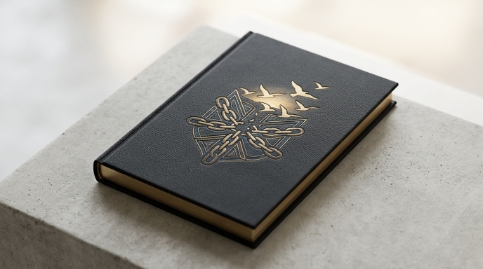 Un libro negro sobre piedra, con un diseño dorado de cadenas que se convierten en pájaros volando hacia la luz.