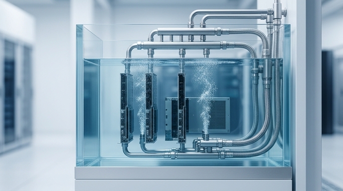 Servidores sumergidos en líquido refrigerante en un centro de datos moderno, con burbujas sutiles.
