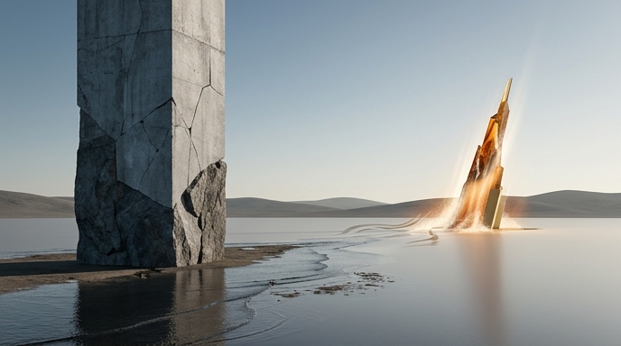 Dos monolitos en un desierto reflejan el mercado de IA: uno de piedra se agrieta mientras otro dorado emerge dinámicamente.