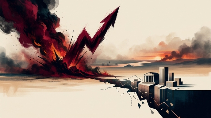 Ilustración editorial minimalista que muestra una flecha de precio del petróleo en llamas subiendo dramáticamente mientras el mercado de valores se derrumba.