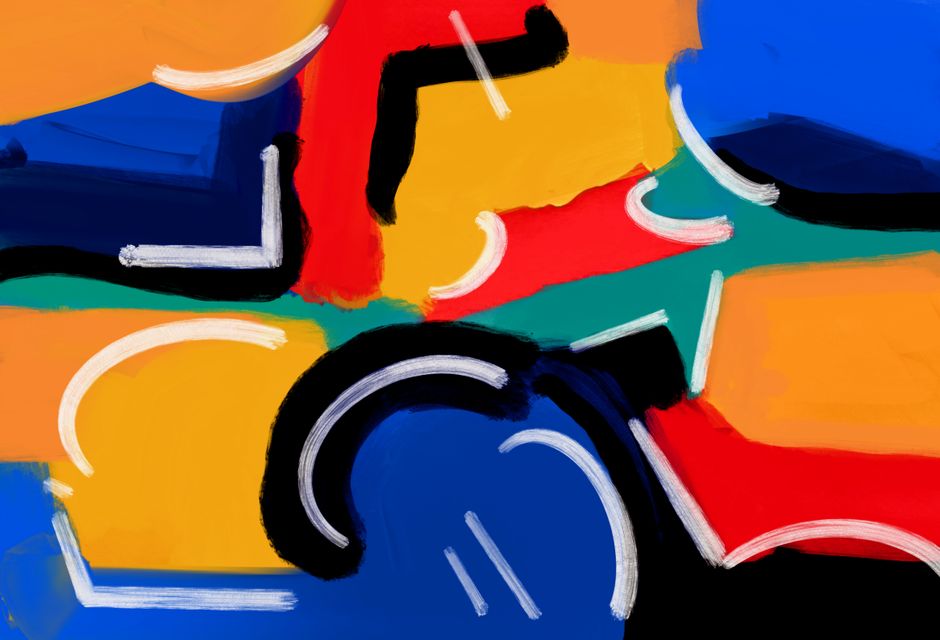 Pintura abstracta vibrante con formas dinámicas y colores audaces y contrastantes en un estilo de arte moderno.