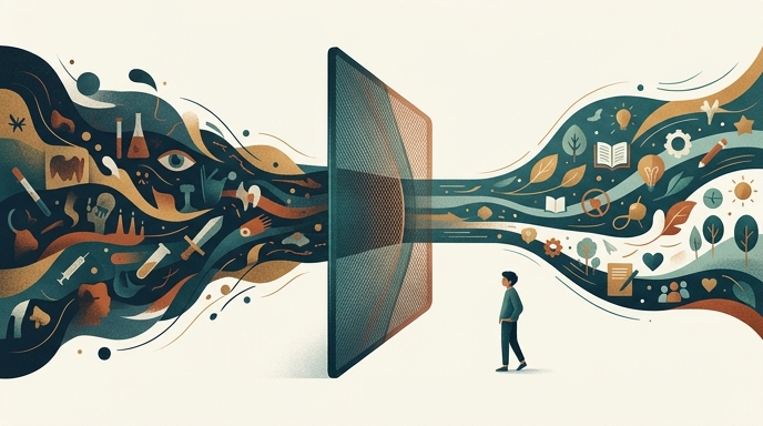 Ilustración de un adolescente viendo cómo una pantalla filtra contenido inapropiado, dejando pasar solo símbolos educativos y seguros.