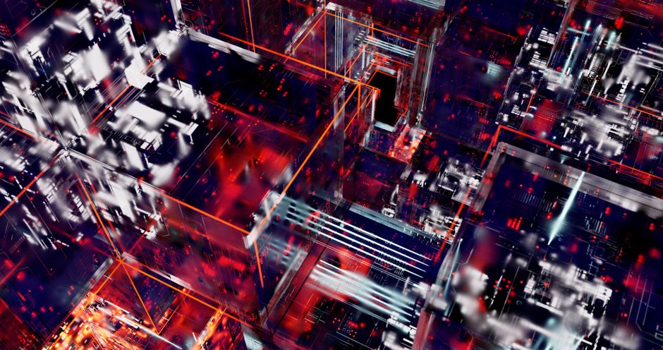 Representación abstracta dinámica de circuitos digitales con luces vívidas y líneas brillantes.