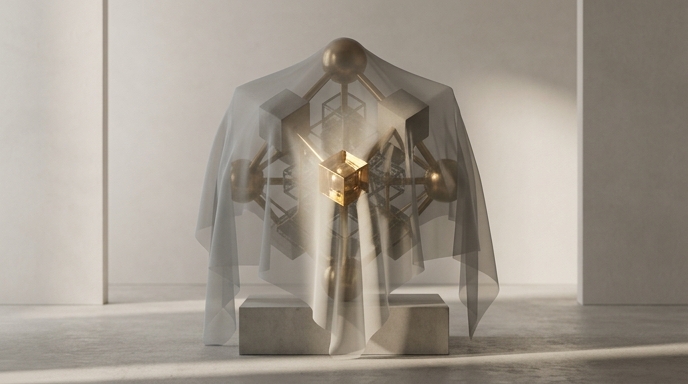 Instalación de IA parcialmente velada, con una parte expuesta, que representa el modelo híbrido de Meta.