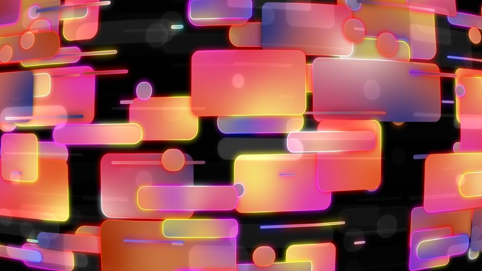 Una vibrante obra de arte digital que muestra formas geométricas coloridas y gradientes sobre un fondo oscuro.