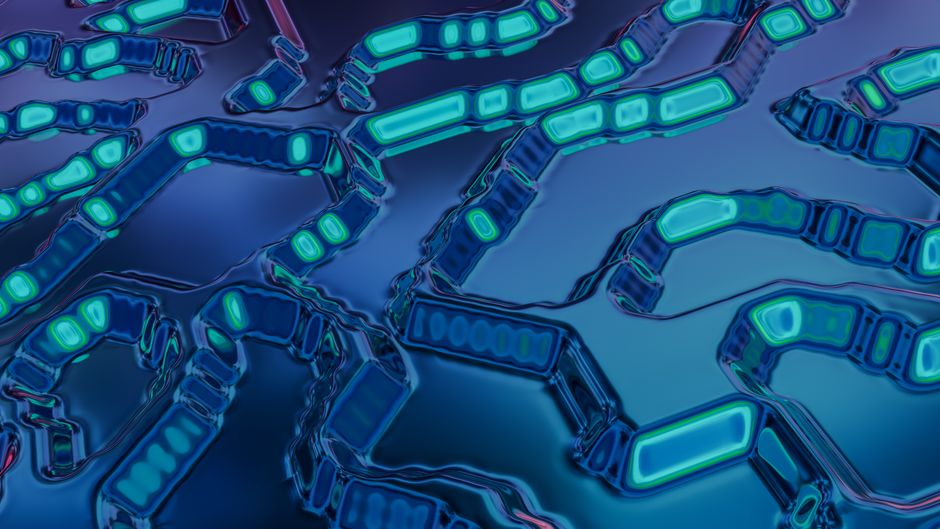 Arte abstracta de alta tecnología que presenta patrones en azul y verde aguamarina con un toque digital.