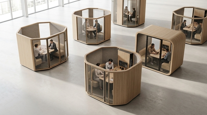 Pequeñas cápsulas de trabajo de madera en un espacio diáfano, simbolizando la nueva estructura de pods de IA de Meta.