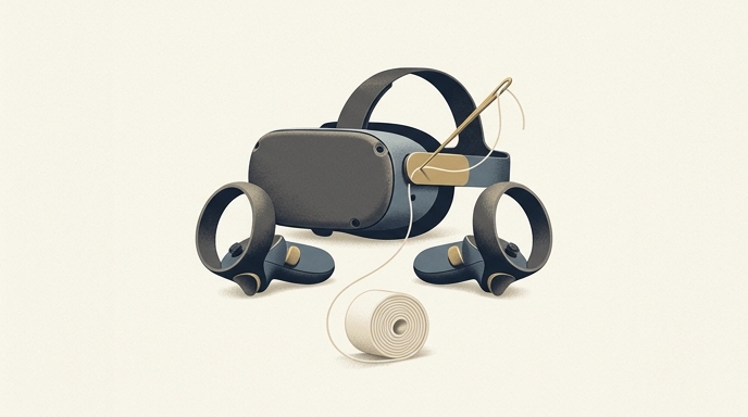 Ilustración minimalista de gafas de VR y controles deshaciéndose en hilo.