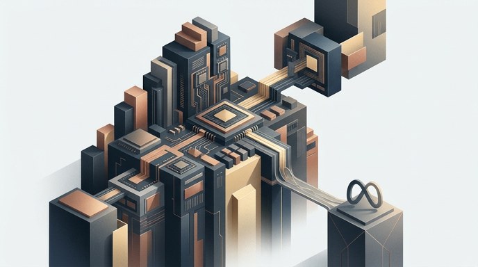 Una ilustración isométrica de una vasta infraestructura de datos de IA conectada a un pedestal con el símbolo del infinito.