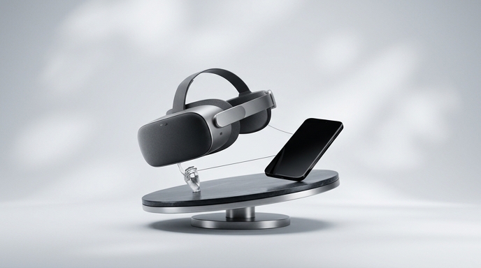 Un visor de VR y un smartphone equilibrándose sobre una plataforma oscilante de metal y piedra, rodeados de espacio negativo.