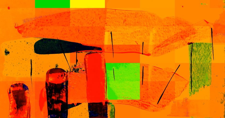 Arte abstracta colorida con tonos vibrantes de naranja y verde en un diseño moderno.