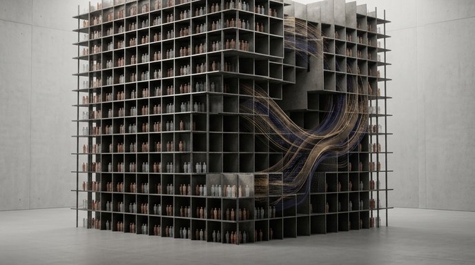 Alt text: Una escultura cúbica de cuadrículas de metal rellena de figuras humanas que se disuelve en hilos de luz dorada y azul.