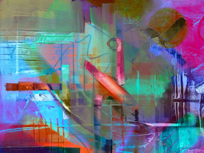 Pintura abstracta expresionista colorida con tonos vibrantes y formas dinámicas.