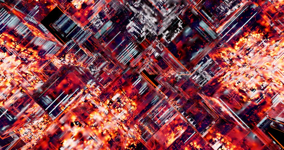 Arte digital abstracto vibrante que muestra una matriz 3D con luces LED, que se asemeja a un circuito futurista.
