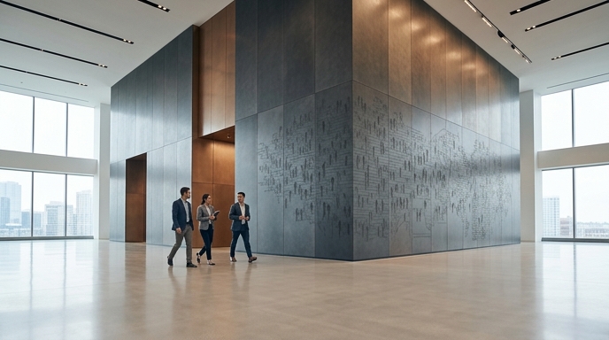 **Alt text**: Tres profesionales caminan en una oficina moderna y enorme con paredes de metal grabado, representando a Dreamer uniéndose a Meta.