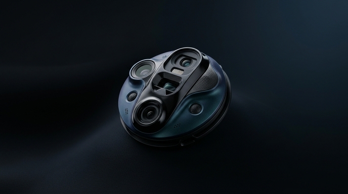 Dispositivo futurista de IA con múltiples lentes y sensores sobre un fondo oscuro y minimalista.