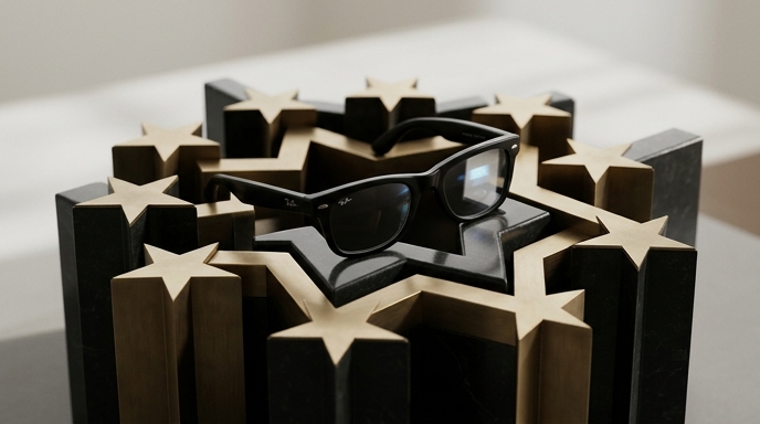 Gafas inteligentes Ray-Ban descansan sobre una base escultórica decorada con estrellas doradas.