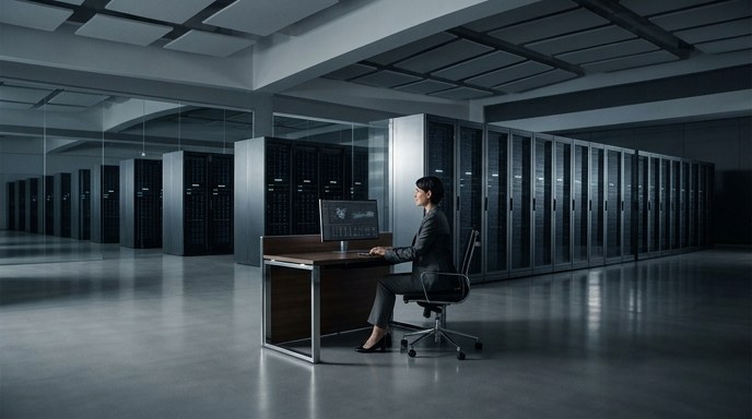 Un solo empleado en un inmenso centro de datos, simbolizando la eficiencia de la IA y los despidos de Meta.