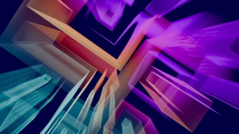 Arte 3D geométrico abstracto colorido con desenfoque de movimiento dinámico y colores vibrantes.