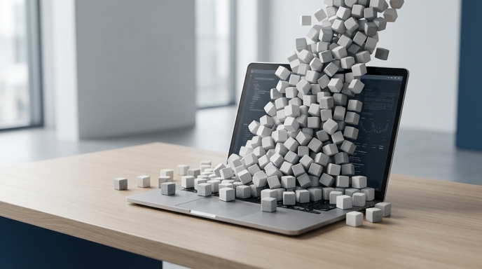 Un portátil de oficina abrumado por una cascada de pequeños cubos de datos, simbolizando el consumo masivo de tokens.