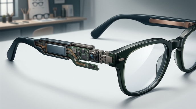 Gafas de diseño con montura negra y verde que revelan la tecnología interna del brazo, incluyendo una cámara y circuitos.