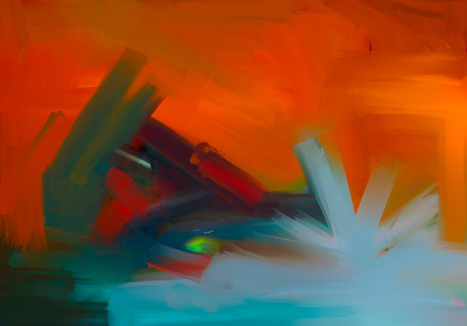 Explora una pintura abstracta vívida con pinceladas audaces en vibrantes tonos de naranja, azul y verde.