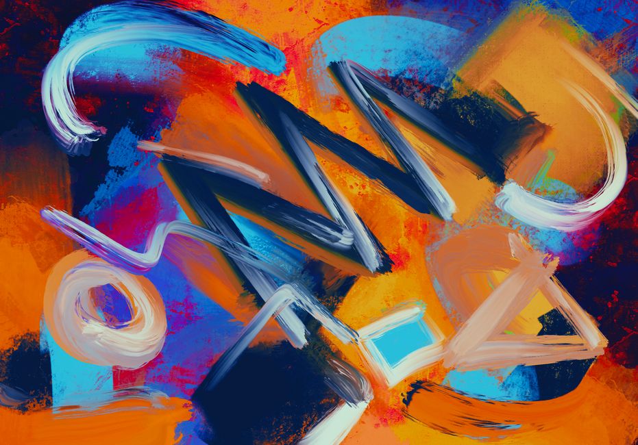Pintura abstracta dinámica con colores audaces y pinceladas, transmitiendo energía y movimiento.