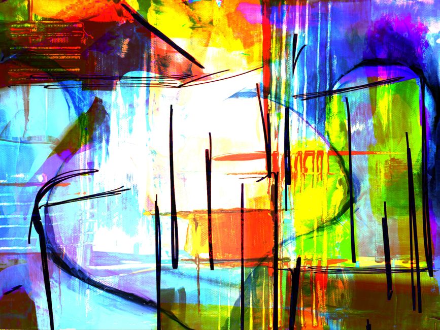 Obra de arte abstracta brillante y colorida con líneas y texturas vívidas.