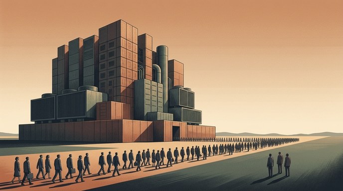 Ilustración de estilo editorial que muestra una gran estructura industrial de datos y una larga columna de empleados marchando hacia afuera.